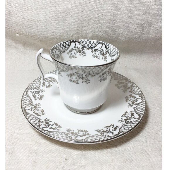 3/$15❤️ Teacup and Saucer Royal Chelsea Fine Bone China England Silver and white - Picture 1 of 15
